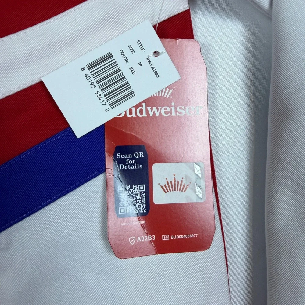 Budweiser Bomber Jacket Mens Medium Red White Blue Varsity Snap Front NWT